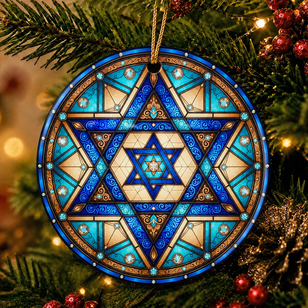 Star of David Hanukkah Christmas Ornament, Stained Glass Jewish Gift, Ceramic Tree Decoration