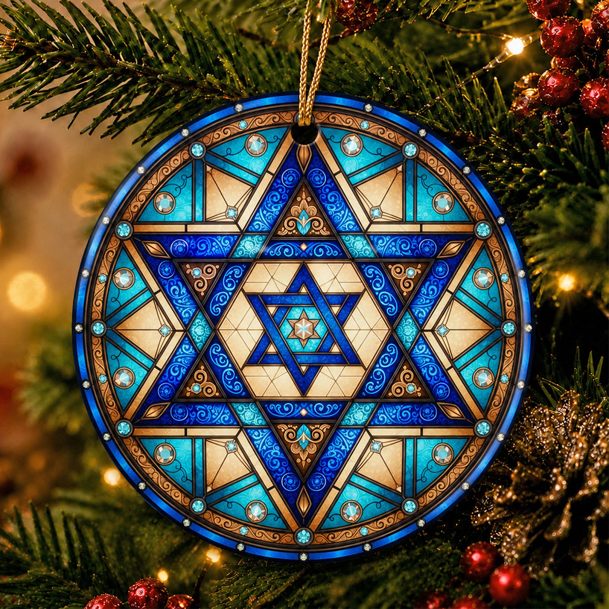 Star of David Hanukkah Christmas Ornament, Stained Glass Jewish Gift, Ceramic Tree Decoration