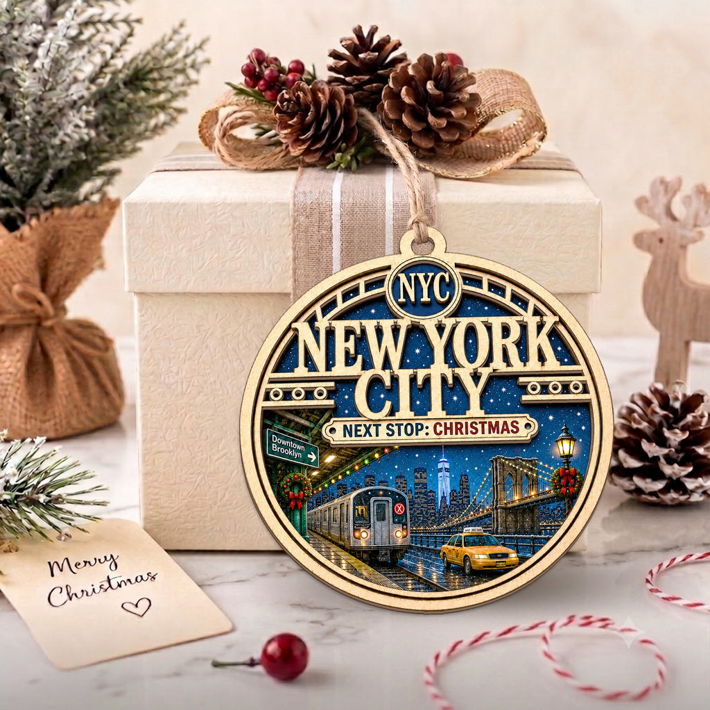 New York City Christmas Ornament, Manhattan Skyline Travel Souvenir Gift, Wood Tree Decoration