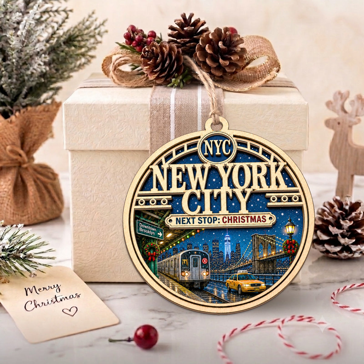 New York City Christmas Ornament, Manhattan Skyline Travel Souvenir Gift, Wood Tree Decoration