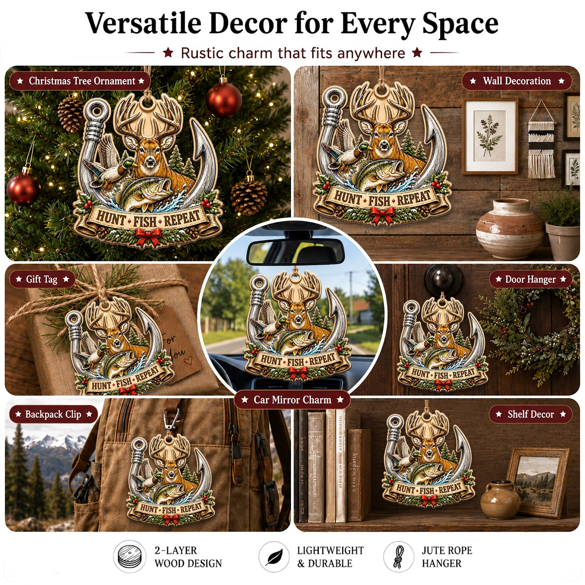 Hunt Fish Repeat Outdoorsman Christmas Ornament, Outdoorsman Lifestyle Keepsake, Wood Ornament