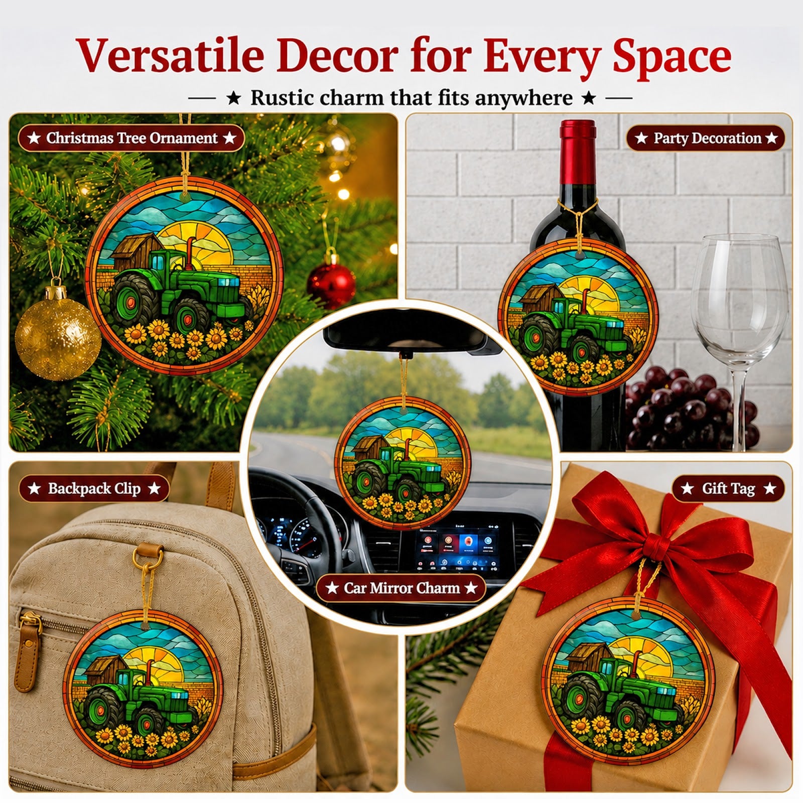 Tractor Christmas Ornament, Farm Barn Sunflower Farmer Gift, Ceramic Hanging Tree Decoration