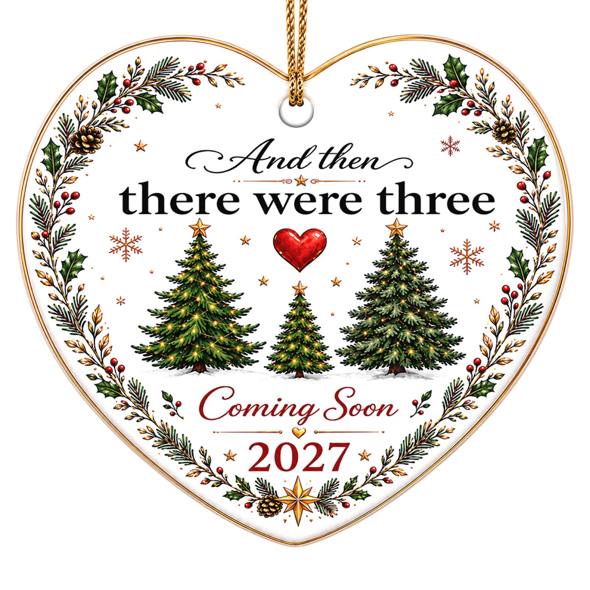 And Then There Were Three design on a glazed ceramic disc. Keepsake for expecting couples and grandparents-to-be.