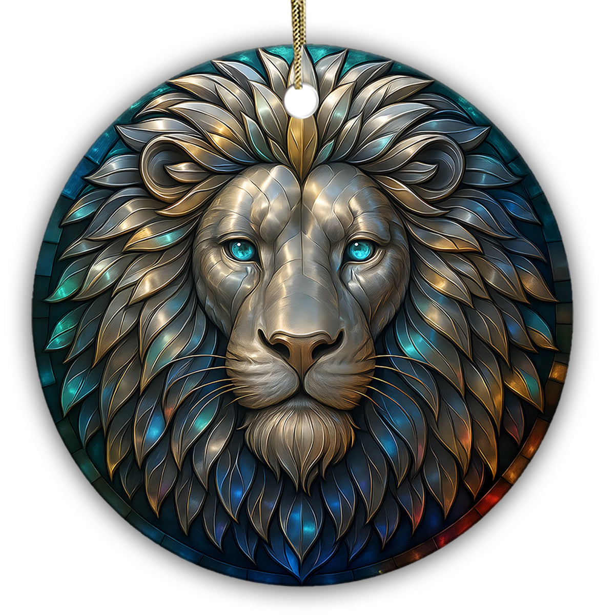 Silver and Gold Lion Face With Teal Eyes and a Radiating Mane. Ceramic Keepsake for Big Cat Lovers.