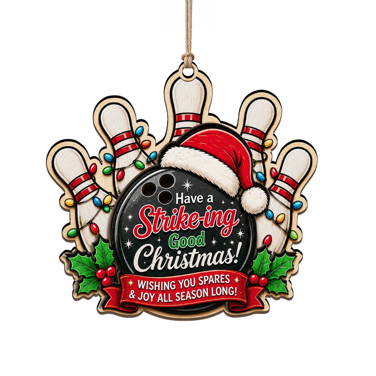 A Santa Hatted Ball Sits Before Five Light Strung Pins With A Cheerful Message. Fun Gift For Bowlers And League Members.