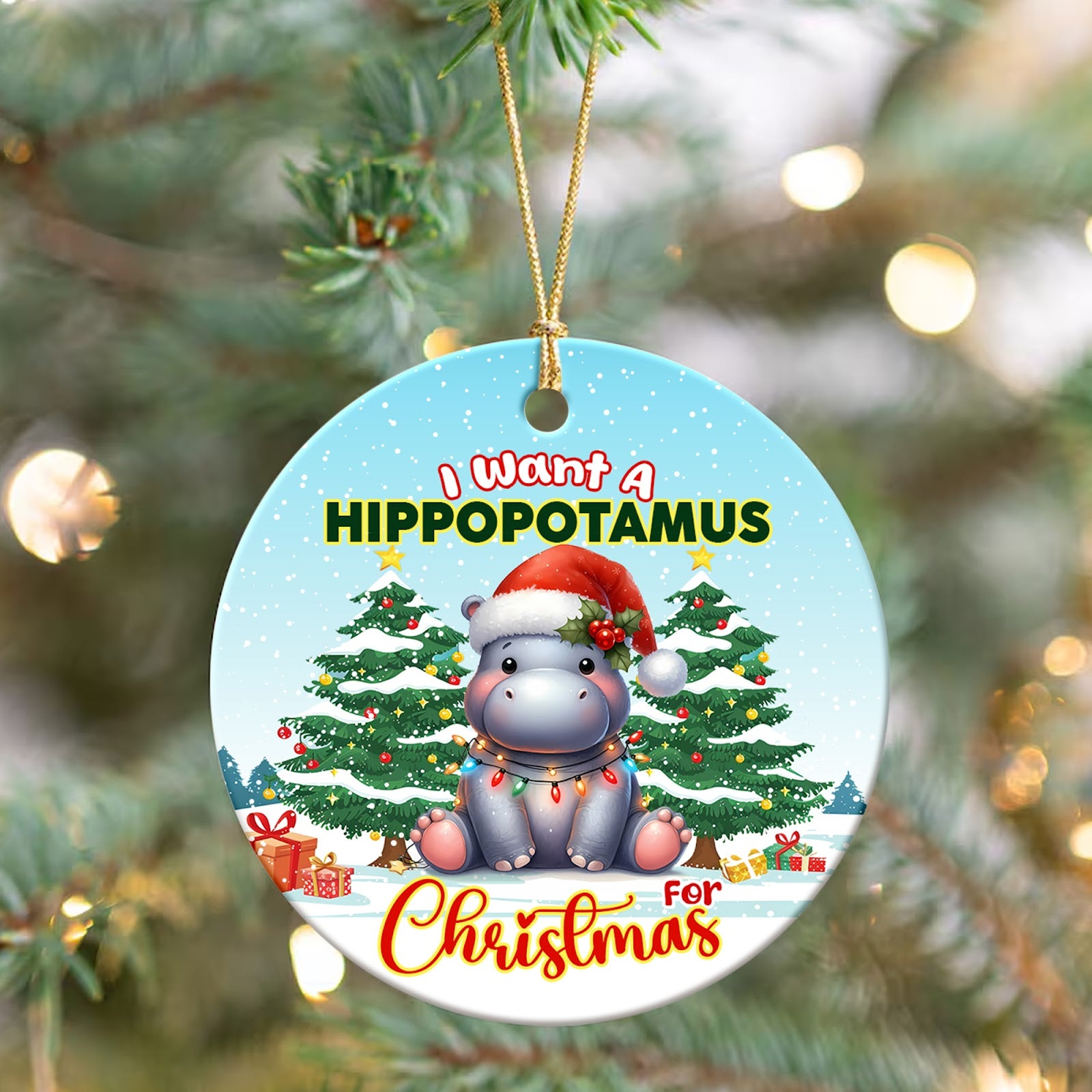 Hippo Christmas Ornament, Baby Hippo Santa Hat Gift, Ceramic Hanging Tree Decoration