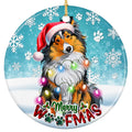 Shetland Sheepdog in a Santa Hat With Pastel Lights. Ceramic Keepsake for Sheltie and Collie Owners.