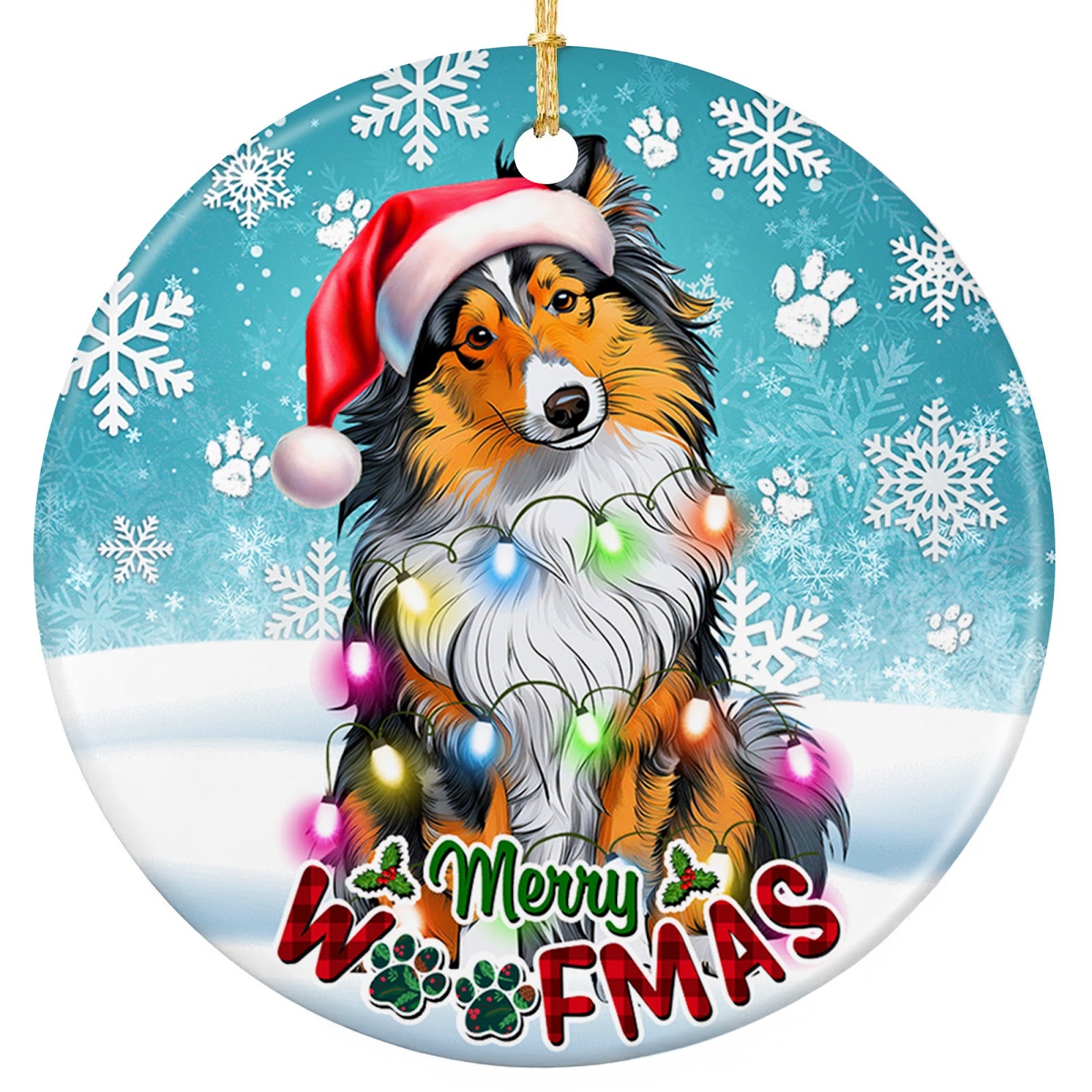 Shetland Sheepdog in a Santa Hat With Pastel Lights. Ceramic Keepsake for Sheltie and Collie Owners.