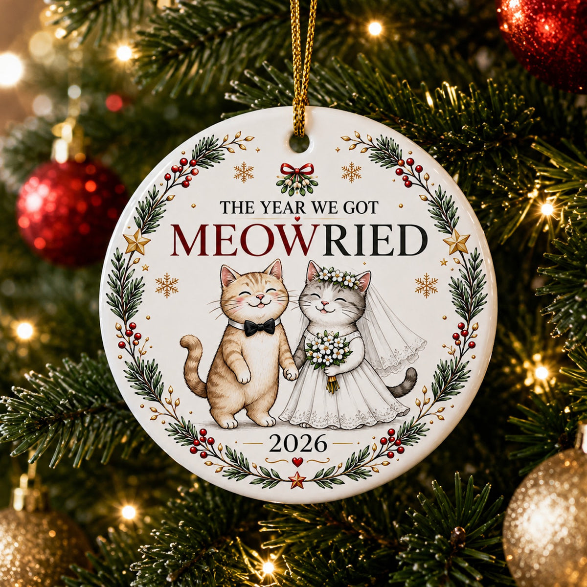 The Year We Got Meowried Christmas Ornament, Newlywed Cat Lover Gift, Ceramic Tree Decoration
