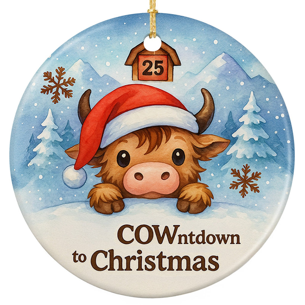 Fluffy Highland Cow in a Santa Hat Peeking Over a Snowbank. Ceramic Keepsake for Farm Animal Lovers.