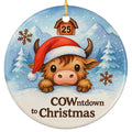 Fluffy Highland Cow in a Santa Hat Peeking Over a Snowbank. Ceramic Keepsake for Farm Animal Lovers.