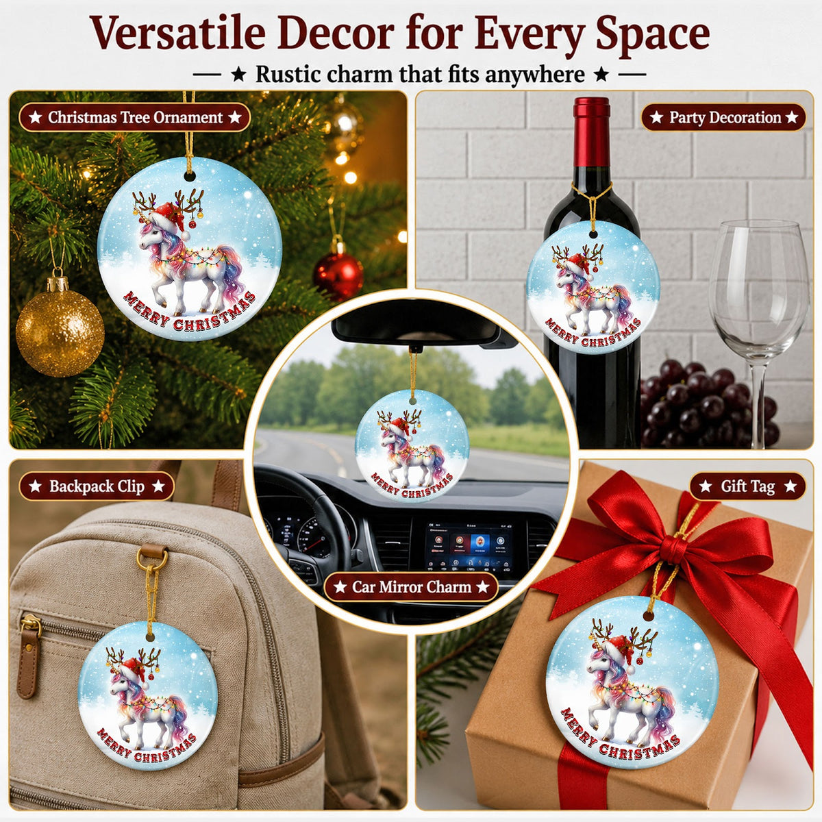 Unicorn Christmas Ornament, Rainbow Mane Girls Gift, Ceramic Hanging Tree Decoration