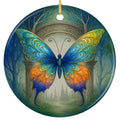 Glowing Filigree Butterfly Before a Carved Stone Arch in a Misty Forest. Ceramic Keepsake for Nature Fans.