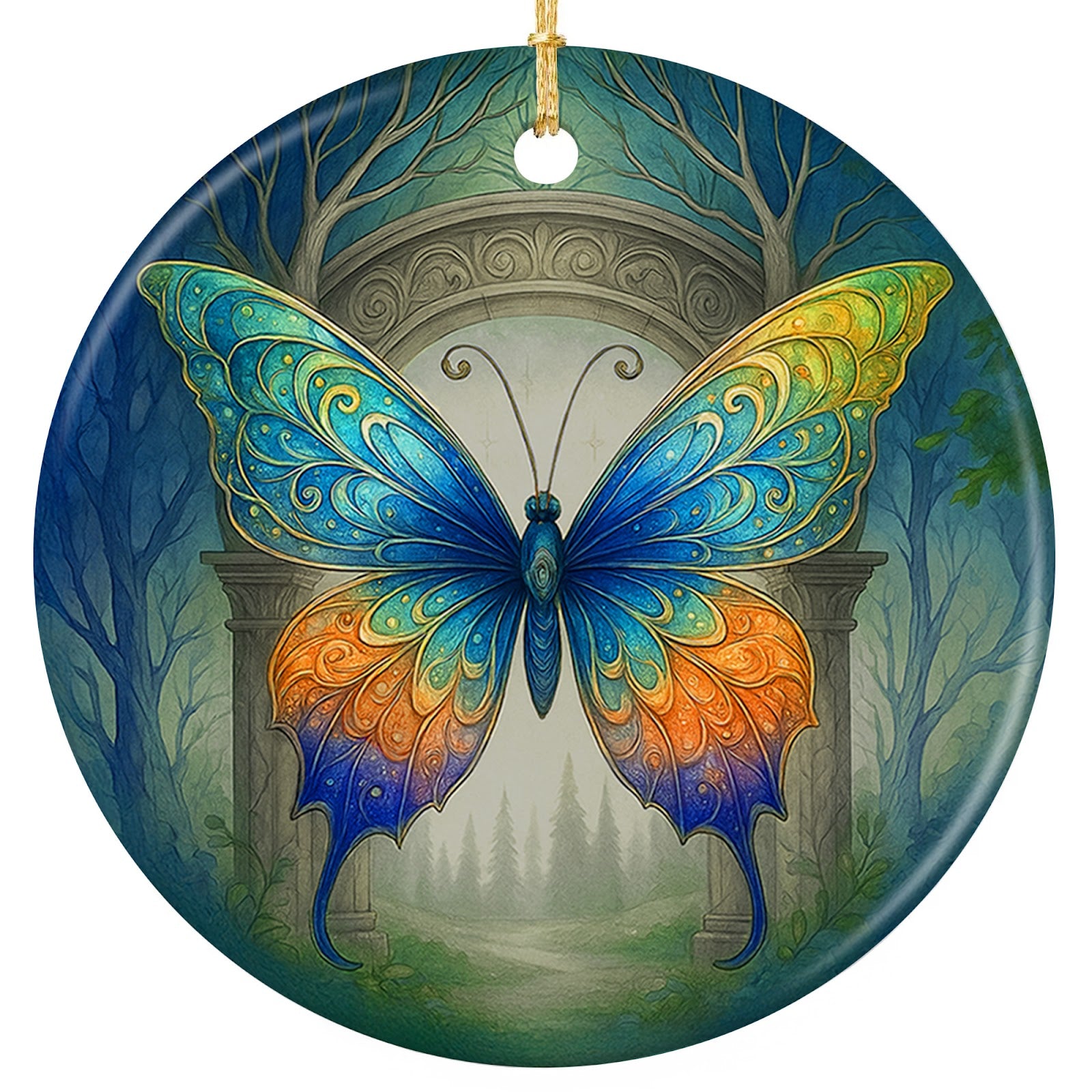 Glowing Filigree Butterfly Before a Carved Stone Arch in a Misty Forest. Ceramic Keepsake for Nature Fans.