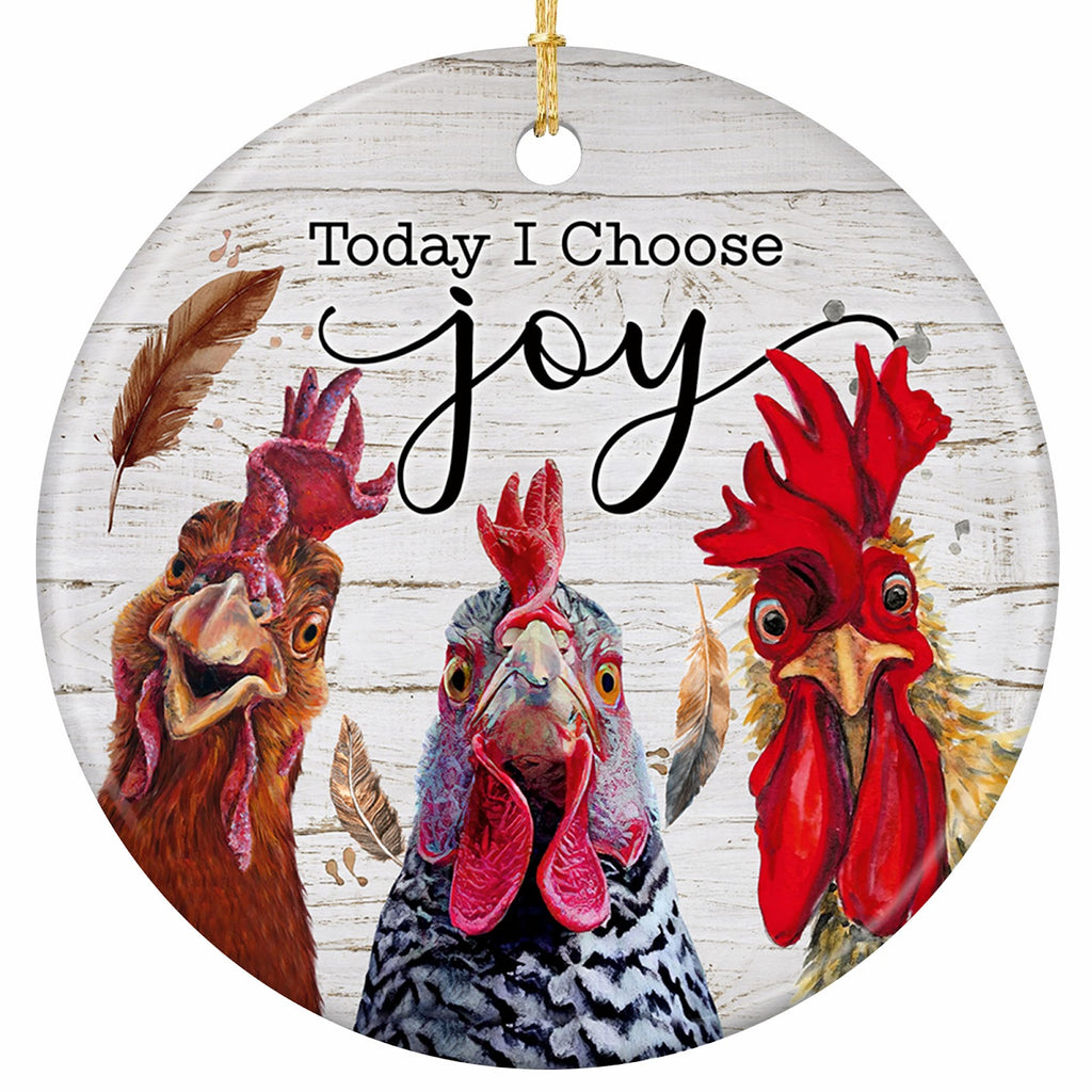 Three Comic Chickens on Whitewashed Shiplap With Feathers Floating Around Them. Ceramic Keepsake.