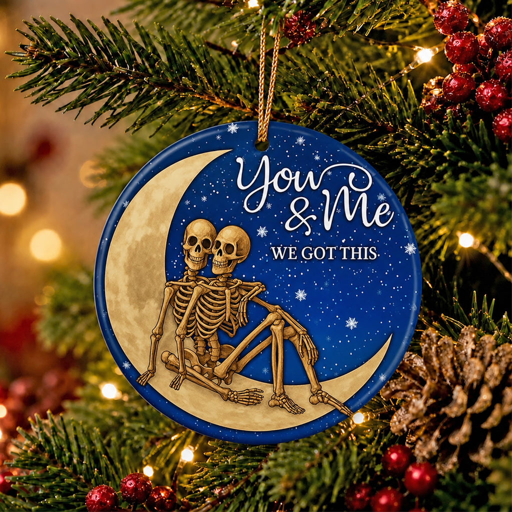Skeleton Christmas Ornament, Crescent Moon Couple Goth Gift, Ceramic Hanging Tree Decoration