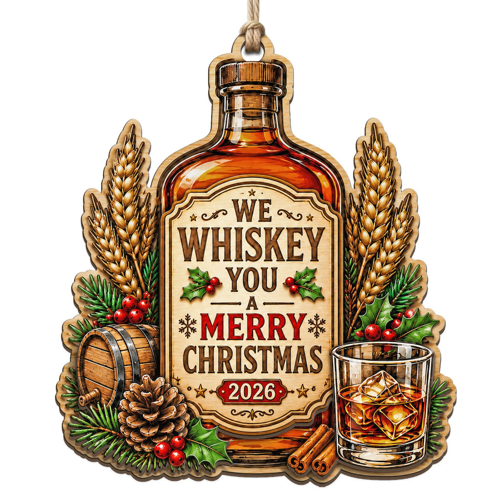 Whiskey Bottle Ornament With Wheat, Holly, And A Glass Of Whiskey. Gift For Whiskey And Bourbon Fans.