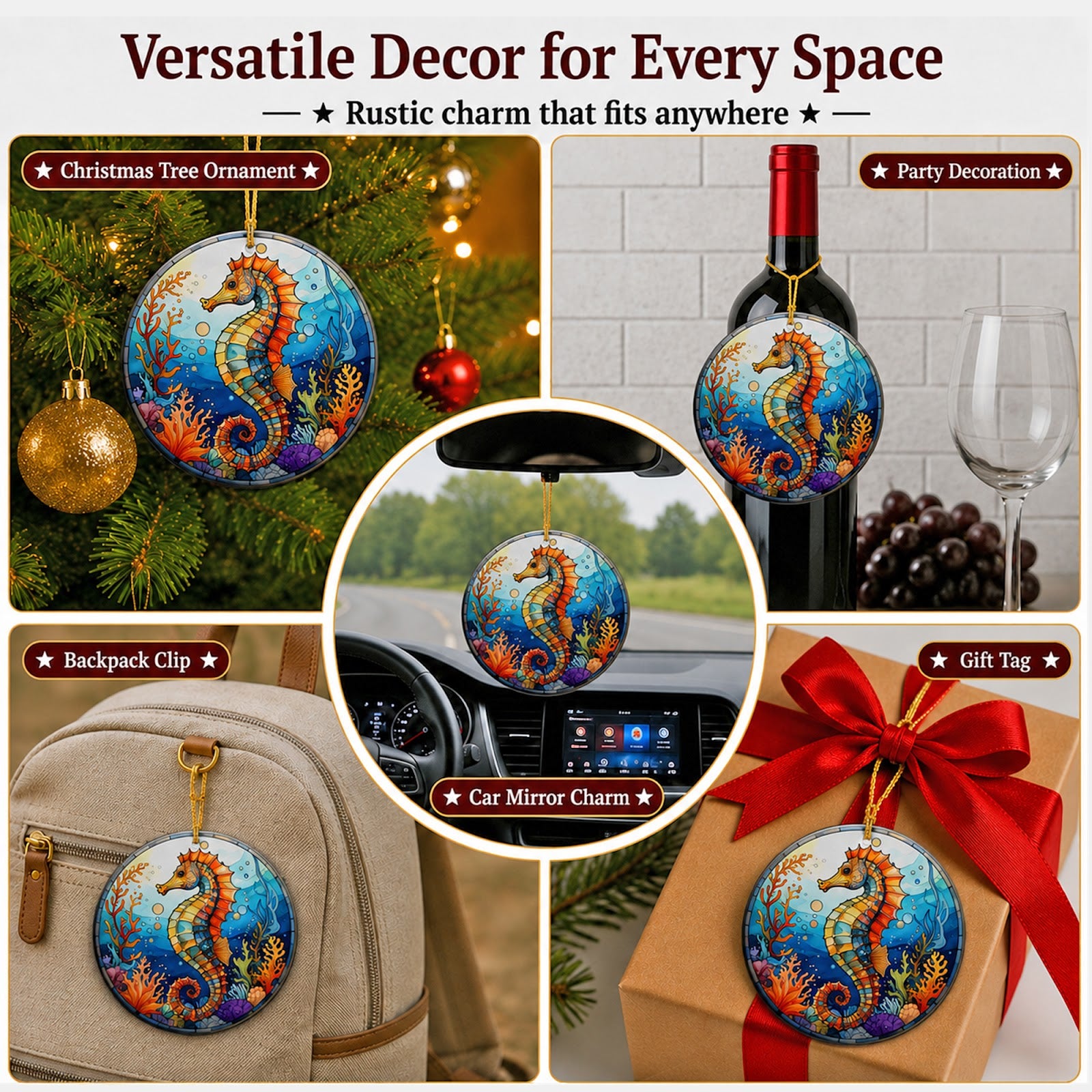 Seahorse Christmas Ornament, Stained Glass Beach House Gift, Ceramic Hanging Tree Decoration