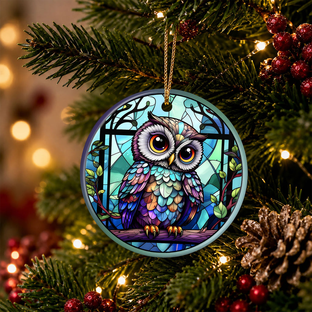 Owl Christmas Ornament, Stained Glass Lattice Bird Gift, Ceramic Hanging Tree Decoration
