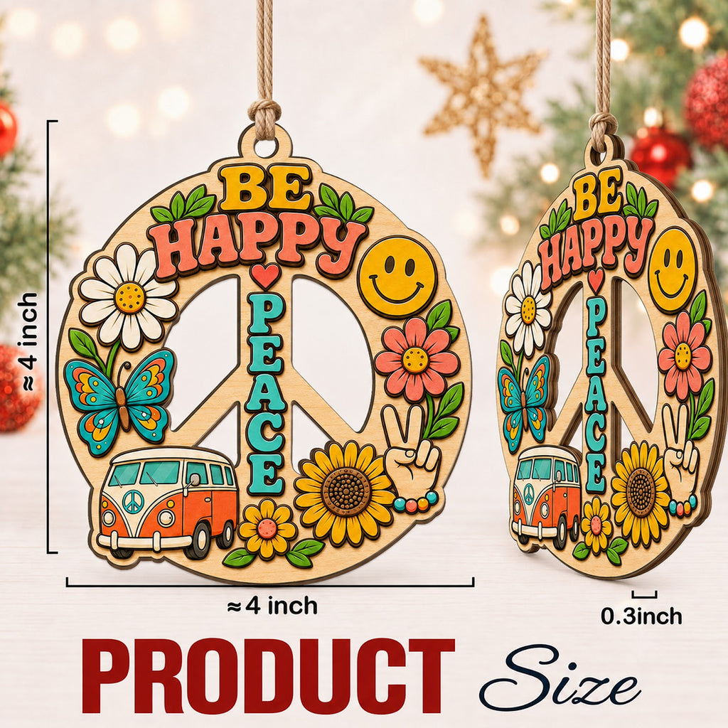 Hippie Peace Love Boho Retro Christmas Ornament, Boho Peace Keepsake, Wood Tree Decoration