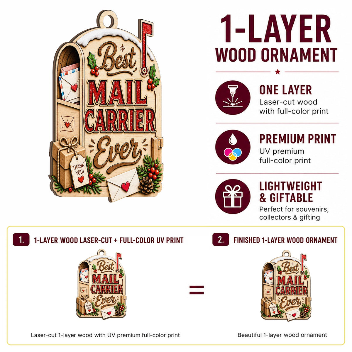 Best Mail Carrier Wood Christmas Ornament