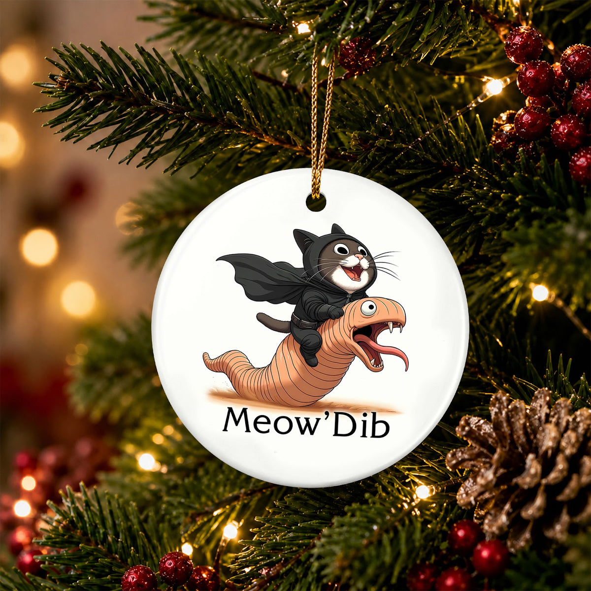 Funny Cat Christmas Ornament, Sci Fi Desert Worm Gift, Ceramic Hanging Tree Decoration