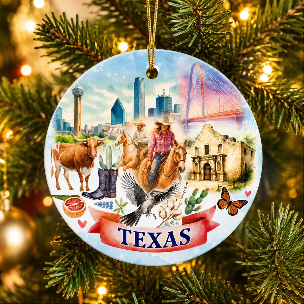 Texas Christmas Ornament, State Souvenir Keepsake Gift, Ceramic Hanging Tree Decoration