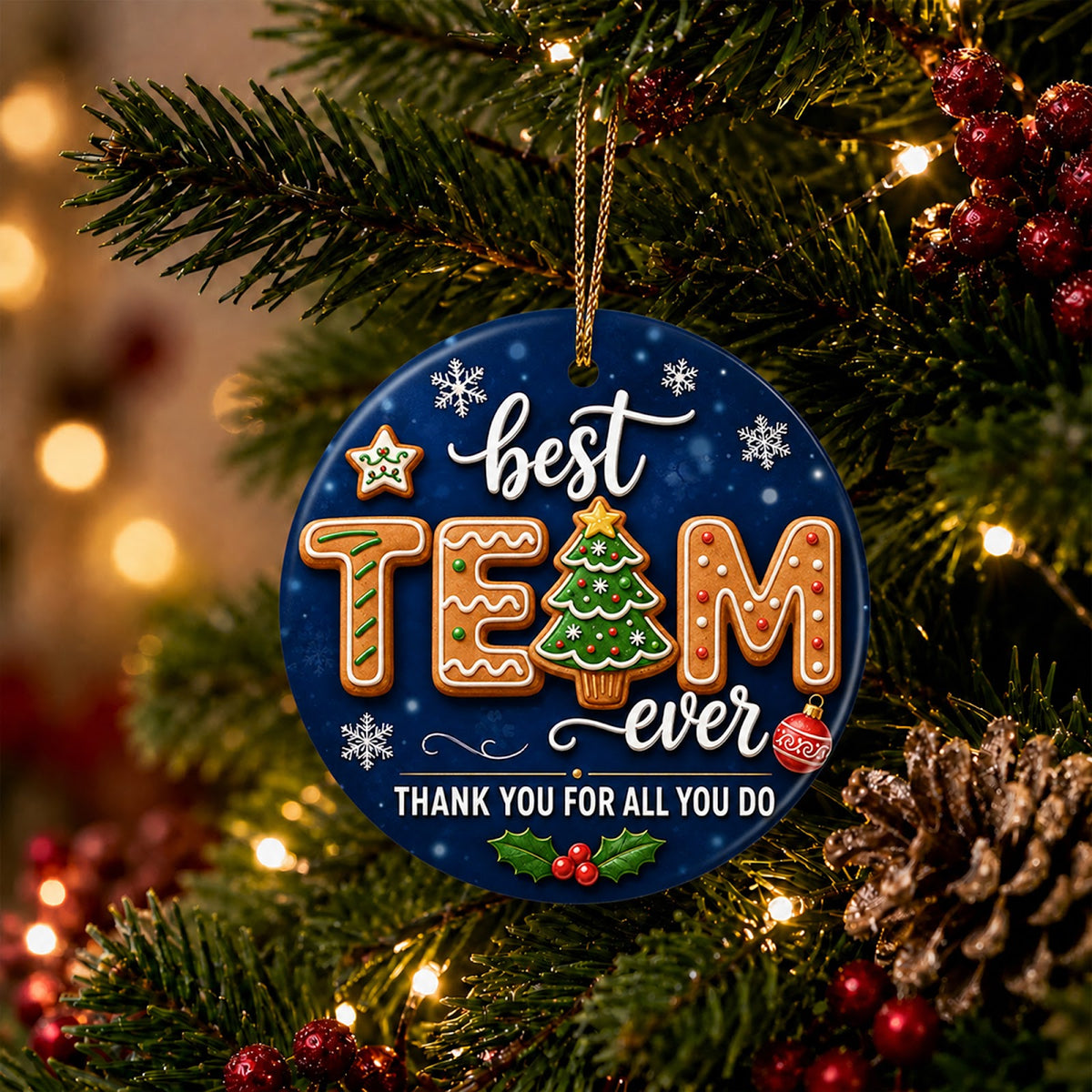 Gingerbread Best Team Ever Christmas Ornament, Office Thank You Gift, Ceramic Tree Decoration