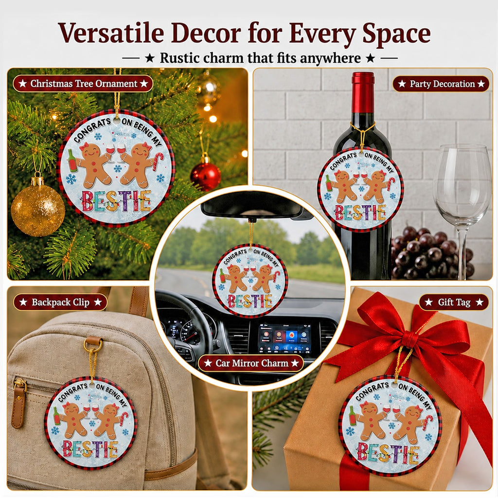 Bestie Christmas Ornament, Gingerbread Cheers Plaid Gift, Ceramic Hanging Tree Decoration