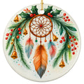 Golden Dreamcatcher With Pine, Holly, Bells and Three Watercolor Feathers. Ceramic Keepsake for Boho Decor.