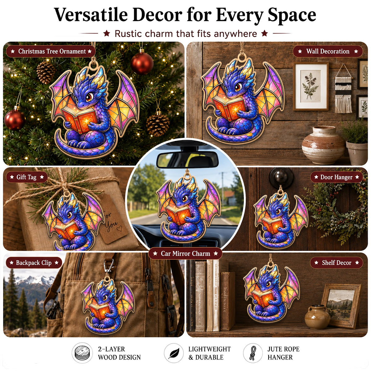 Dragon Book Christmas Ornament, Stocking Stuffer For Fantasy Reader, Wood Tree Decoration