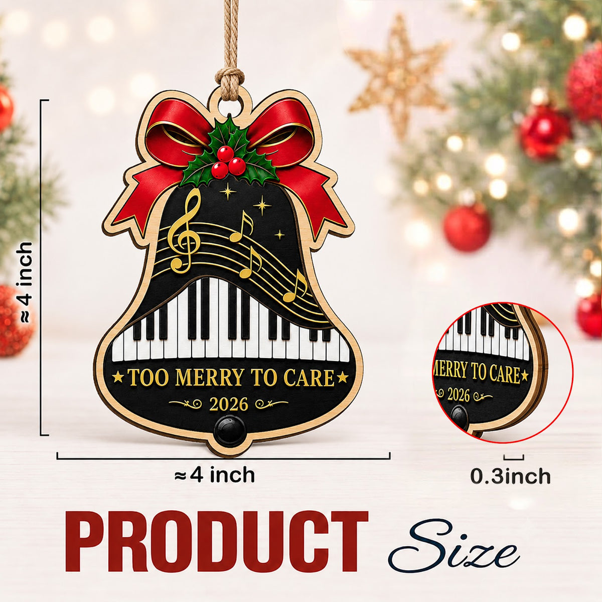 Bell Piano Christmas Ornament, Stocking Stuffer For Pianist, Wood Hanging Tree Decoration