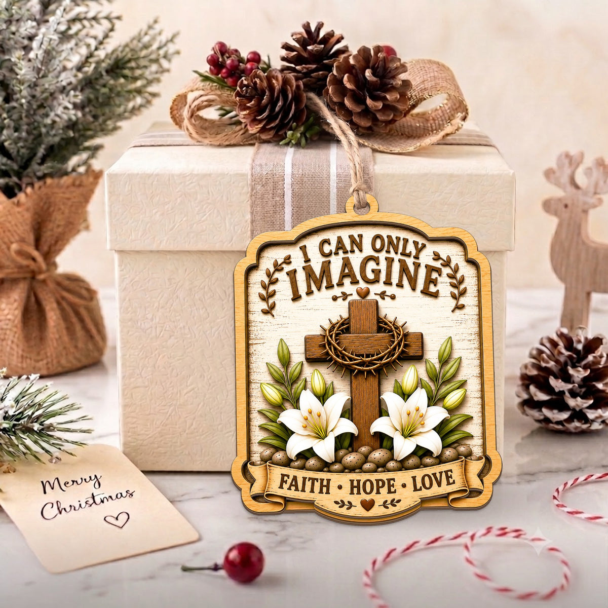 Imagine Christmas Ornament, Inspirational Keepsake, Wood Hanging Tree Decoration