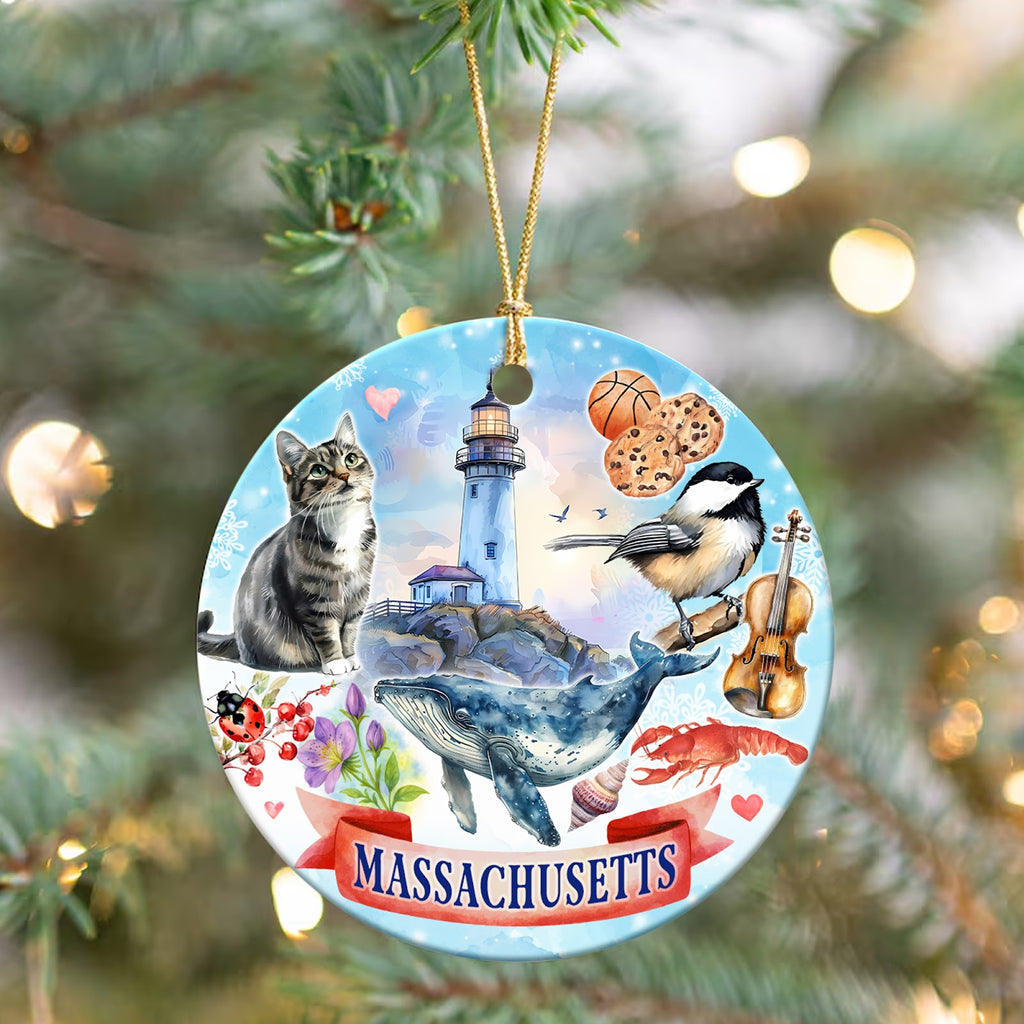 Massachusetts Christmas Ornament, State Souvenir Keepsake Gift, Ceramic Hanging Tree Decoration
