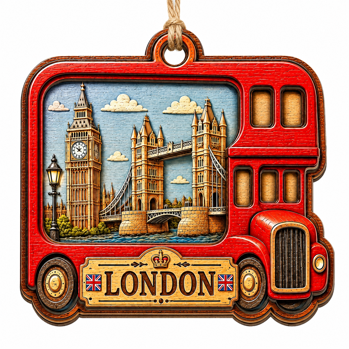 A Red Double Decker Bus With Classic Windows and Route Signage. Wood Keepsake for British Culture Fans.