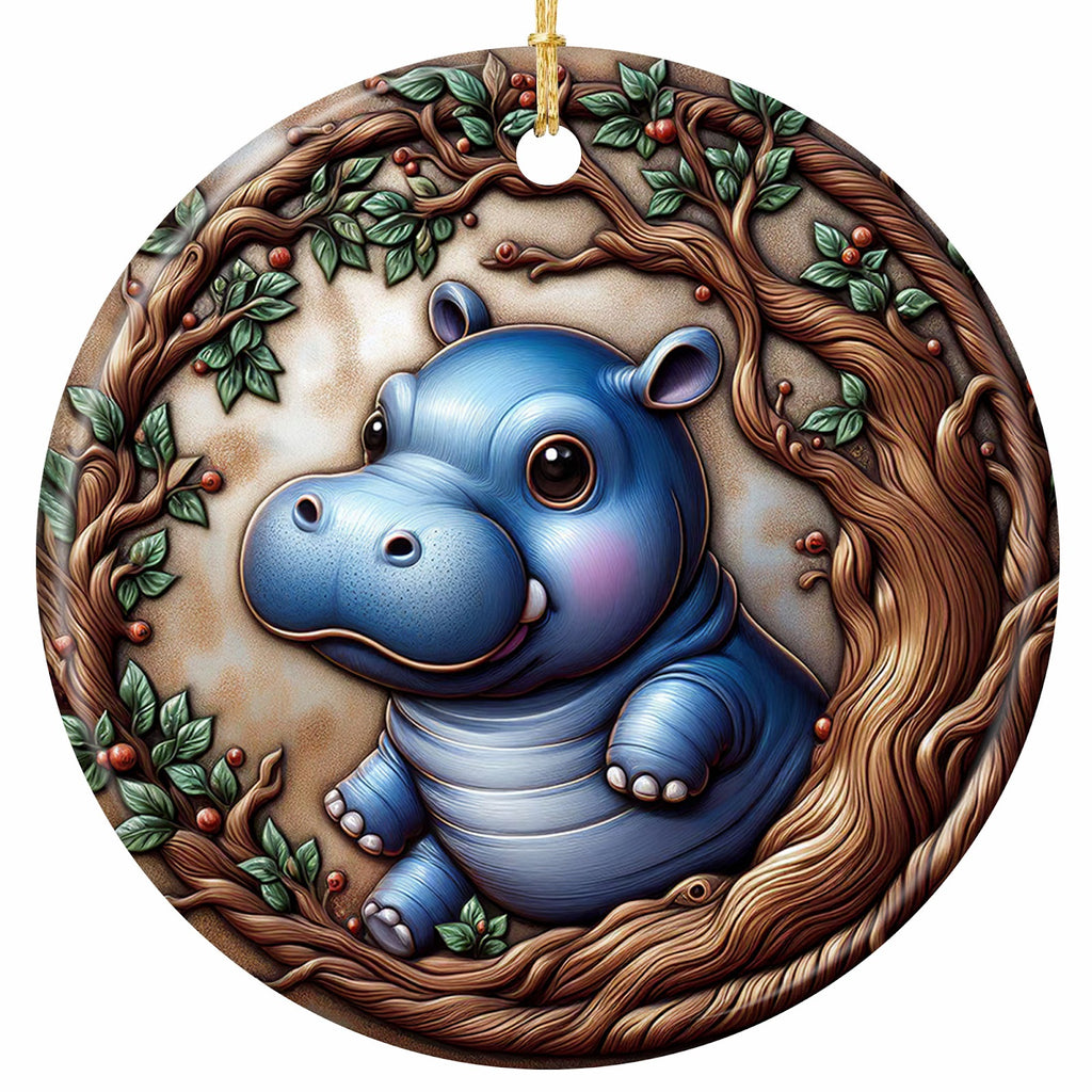 Smiling Baby Hippo Waving Inside a Ring of Gnarled Branches With Red Berries. Ceramic Carved-Look Keepsake.
