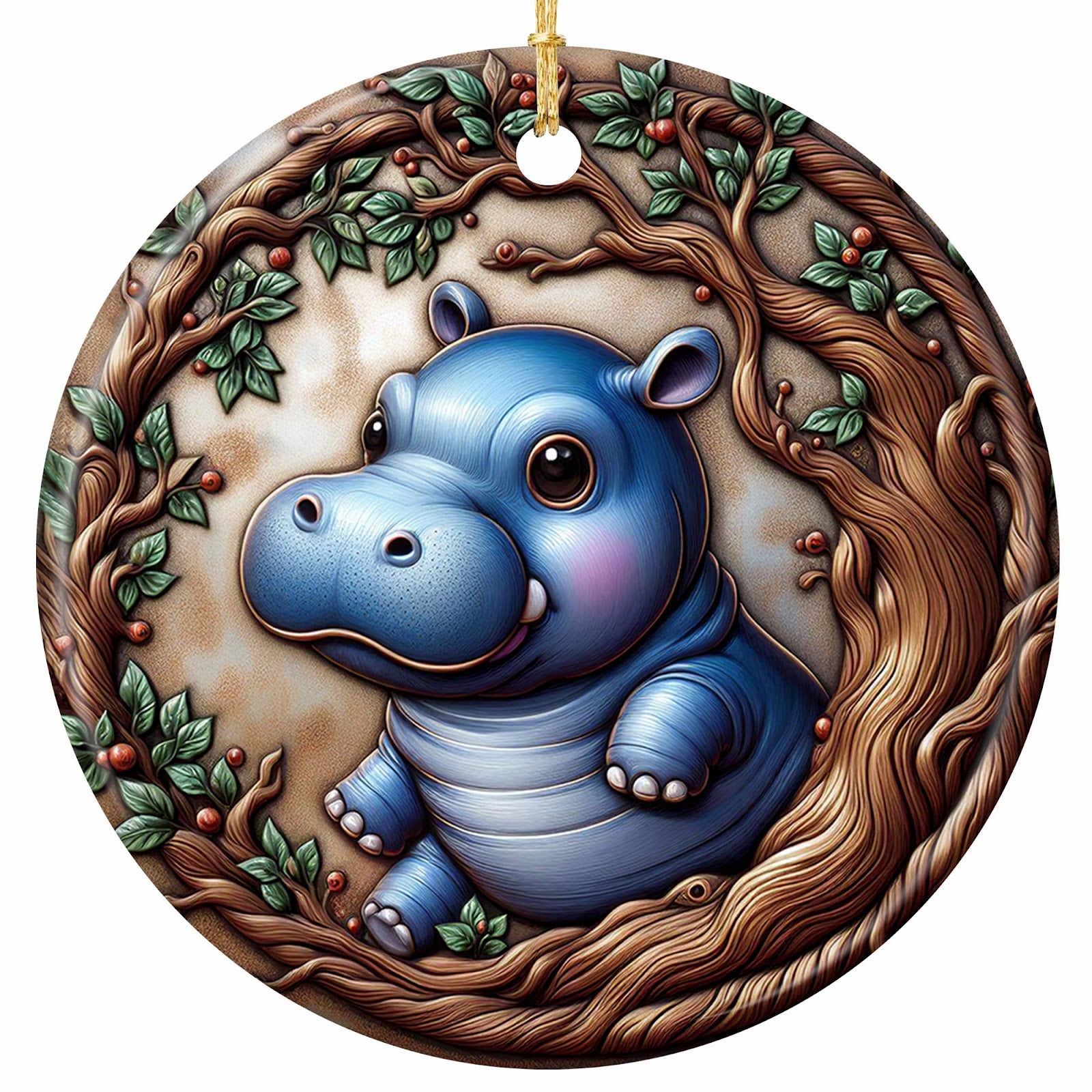 Smiling Baby Hippo Waving Inside a Ring of Gnarled Branches With Red Berries. Ceramic Carved-Look Keepsake.