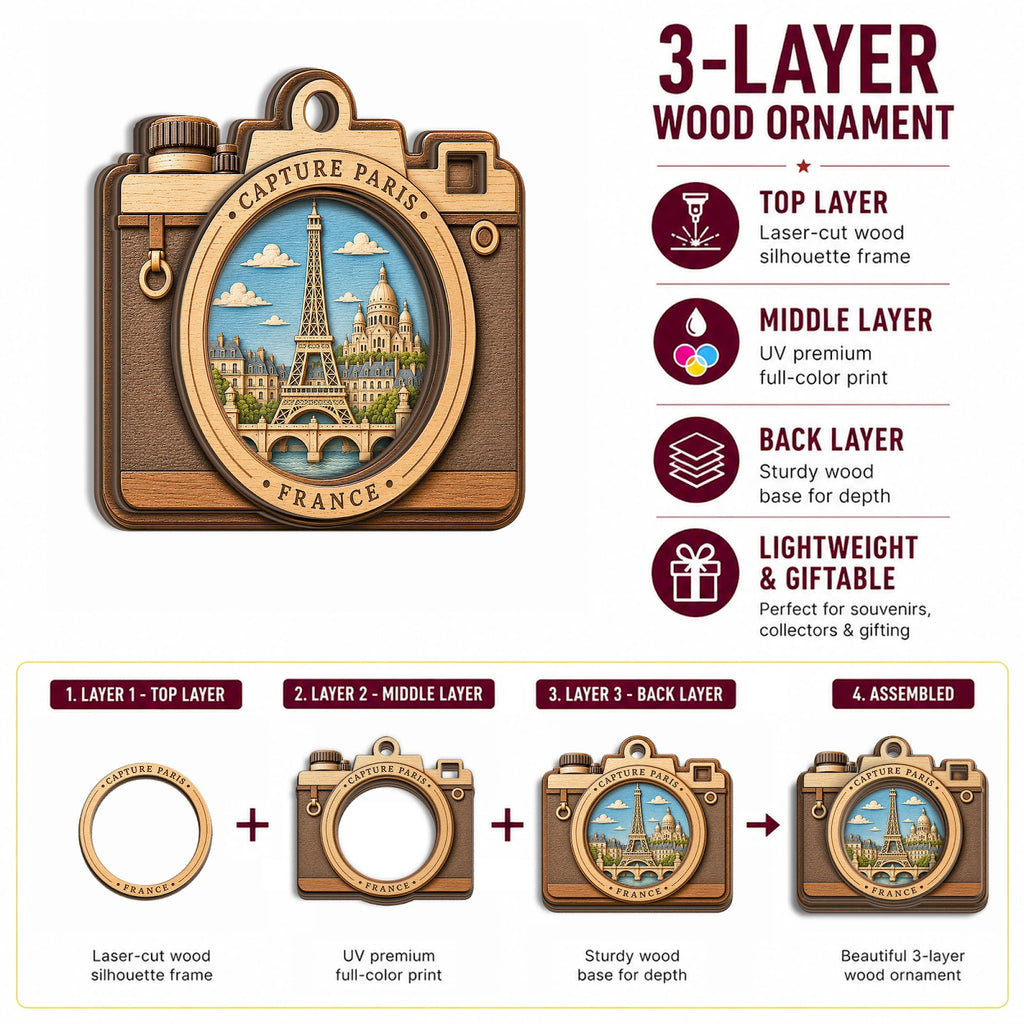 Paris Camera Christmas Ornament, Eiffel Tower Photographer Travel Gift, Wood Tree Decoration