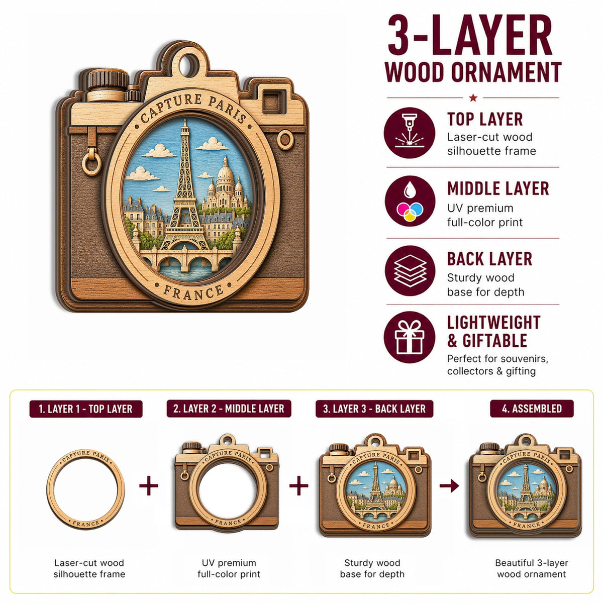 Paris Camera Christmas Ornament, Eiffel Tower Photographer Travel Gift, Wood Tree Decoration