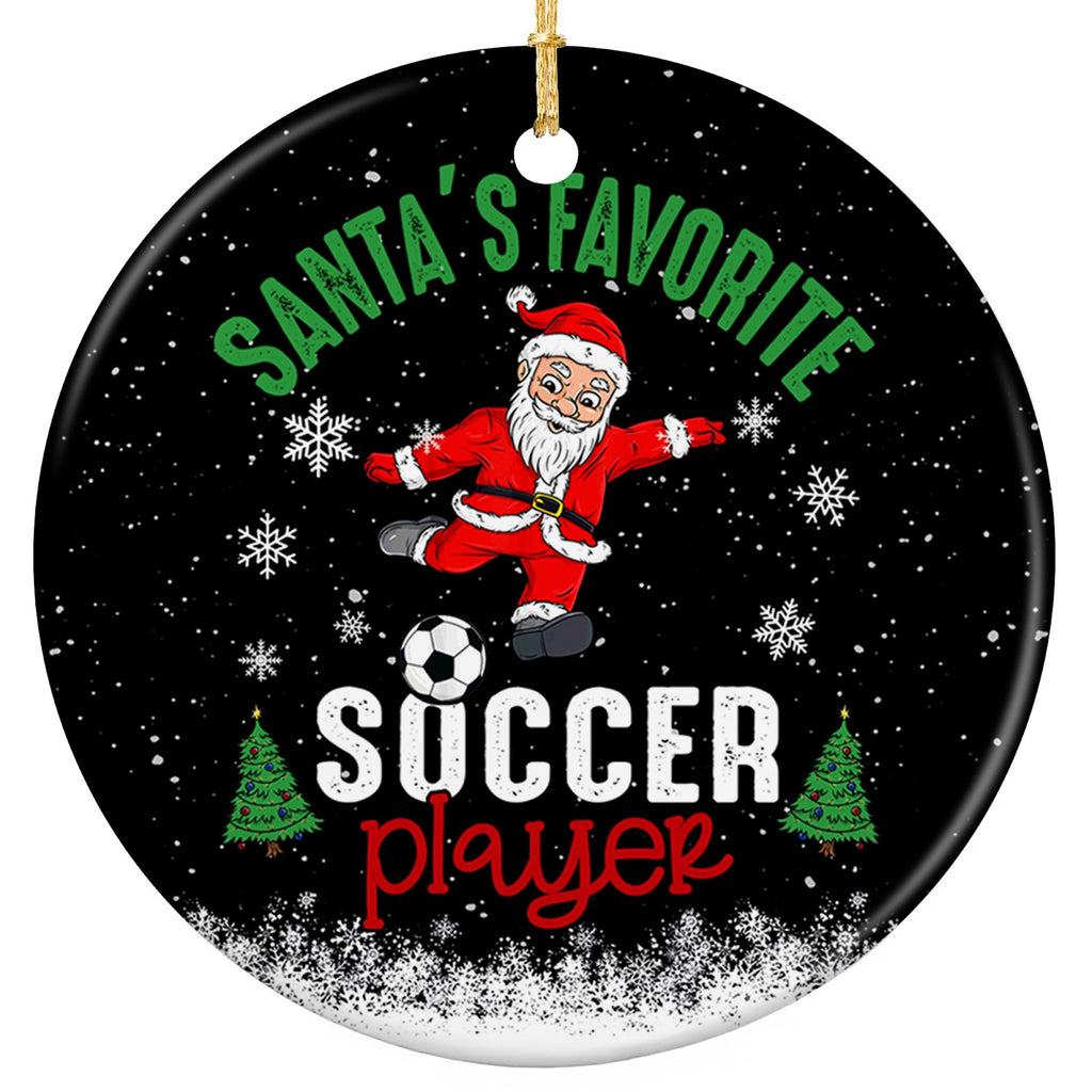 Santa Kicking a Black and White Soccer Ball. Ceramic Keepsake for Club, Rec and School Soccer Players.
