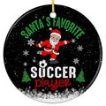 Santa Kicking a Black and White Soccer Ball. Ceramic Keepsake for Club, Rec and School Soccer Players.