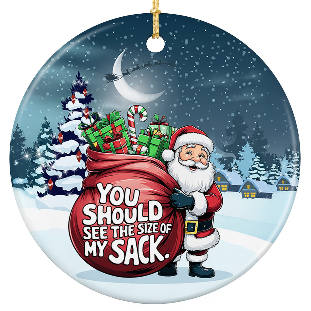 Santa Clutching an Overflowing Red Sack Under a Crescent Moon and Sleigh. Ceramic Novelty Keepsake.