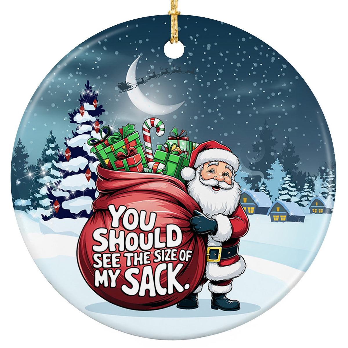 Santa Clutching an Overflowing Red Sack Under a Crescent Moon and Sleigh. Ceramic Novelty Keepsake.