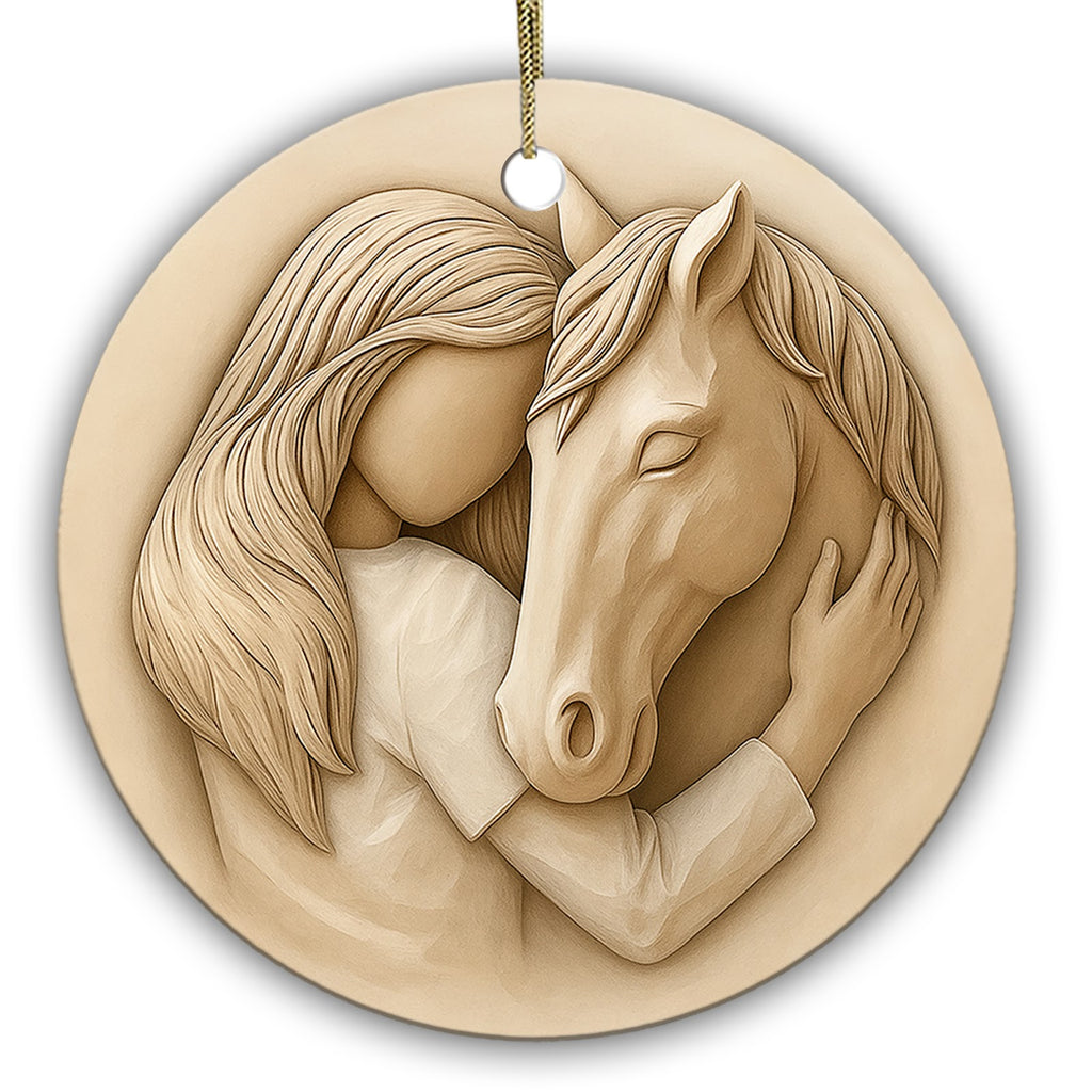 Sculpted Cream Relief of a Girl Cradling Her Horse. Ceramic Keepsake for Riders and Horse-Crazy Daughters.