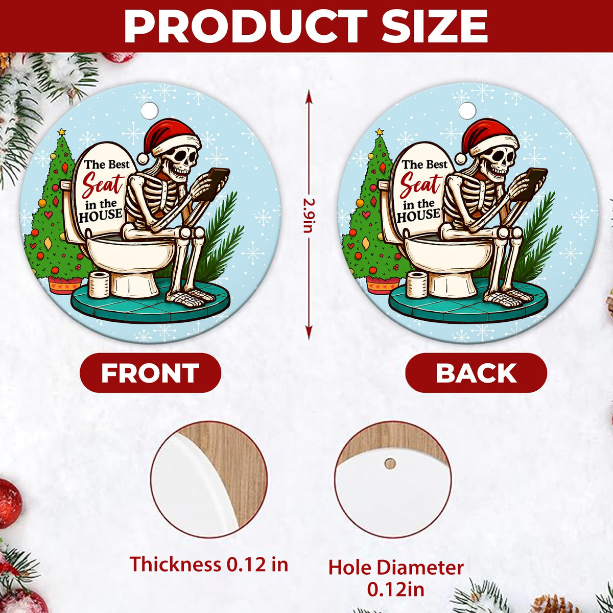 Funny Skeleton Christmas Ornament, Best Seat In The House, Ceramic Hanging Tree Decoration