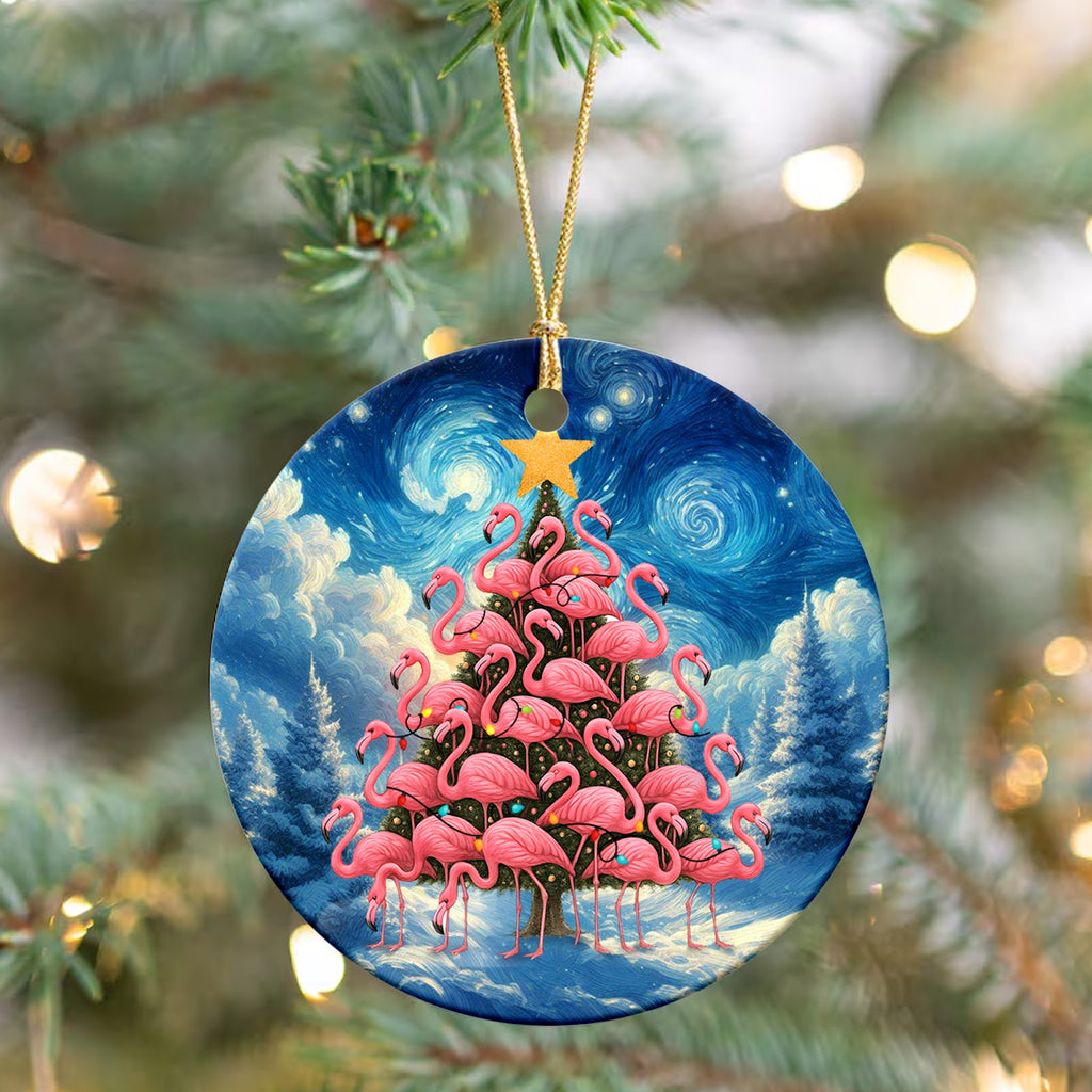 Flamingo Christmas Ornament, Starry Night Tropical Gift, Ceramic Hanging Tree Decoration