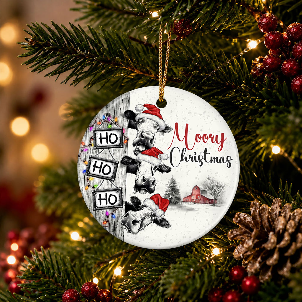 Cow Christmas Ornament, Farmhouse Holstein Barnwood Gift, Ceramic Hanging Tree Decoration
