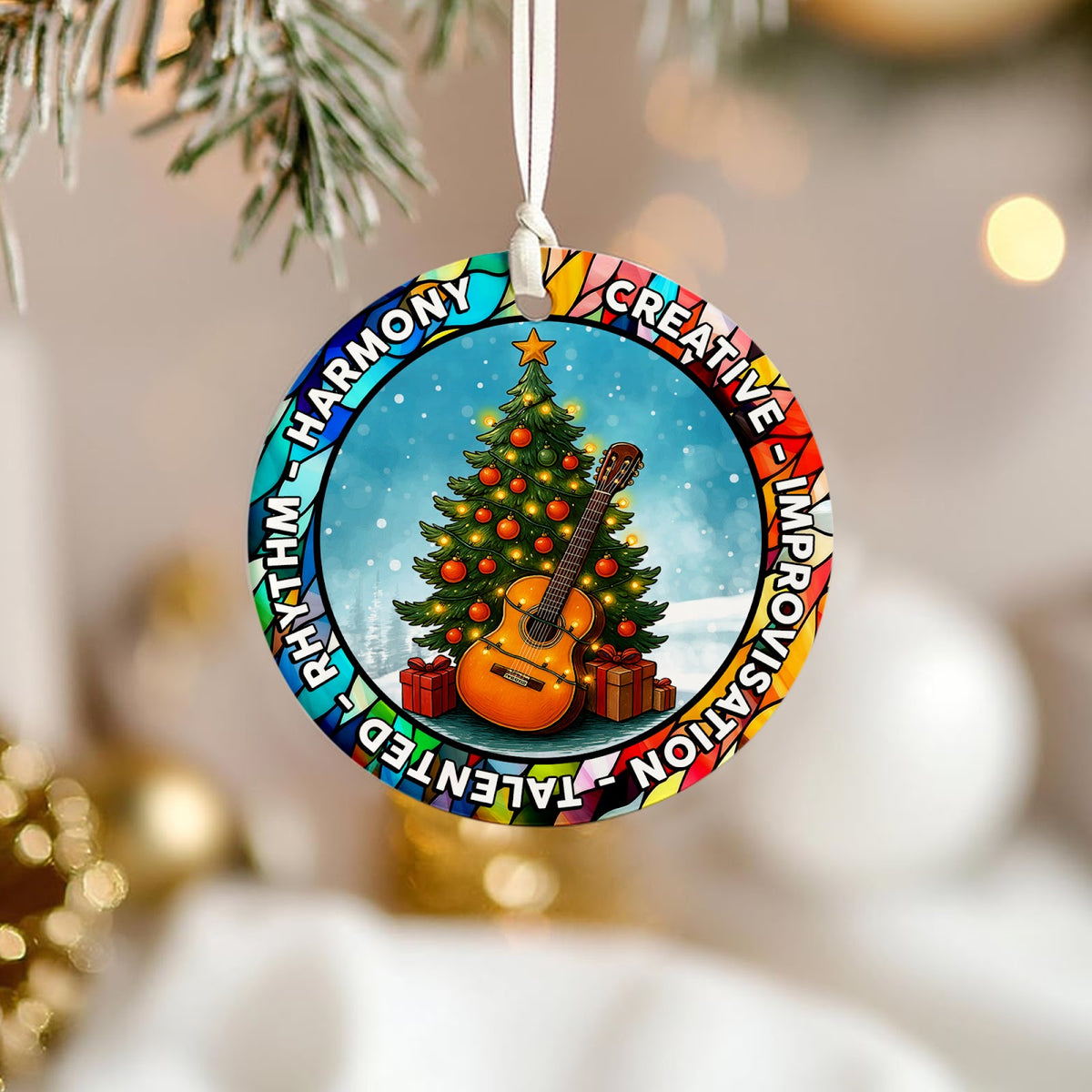 Guitar Christmas Ornament, Stained Glass Tree Music Gift, Ceramic Hanging Tree Decoration