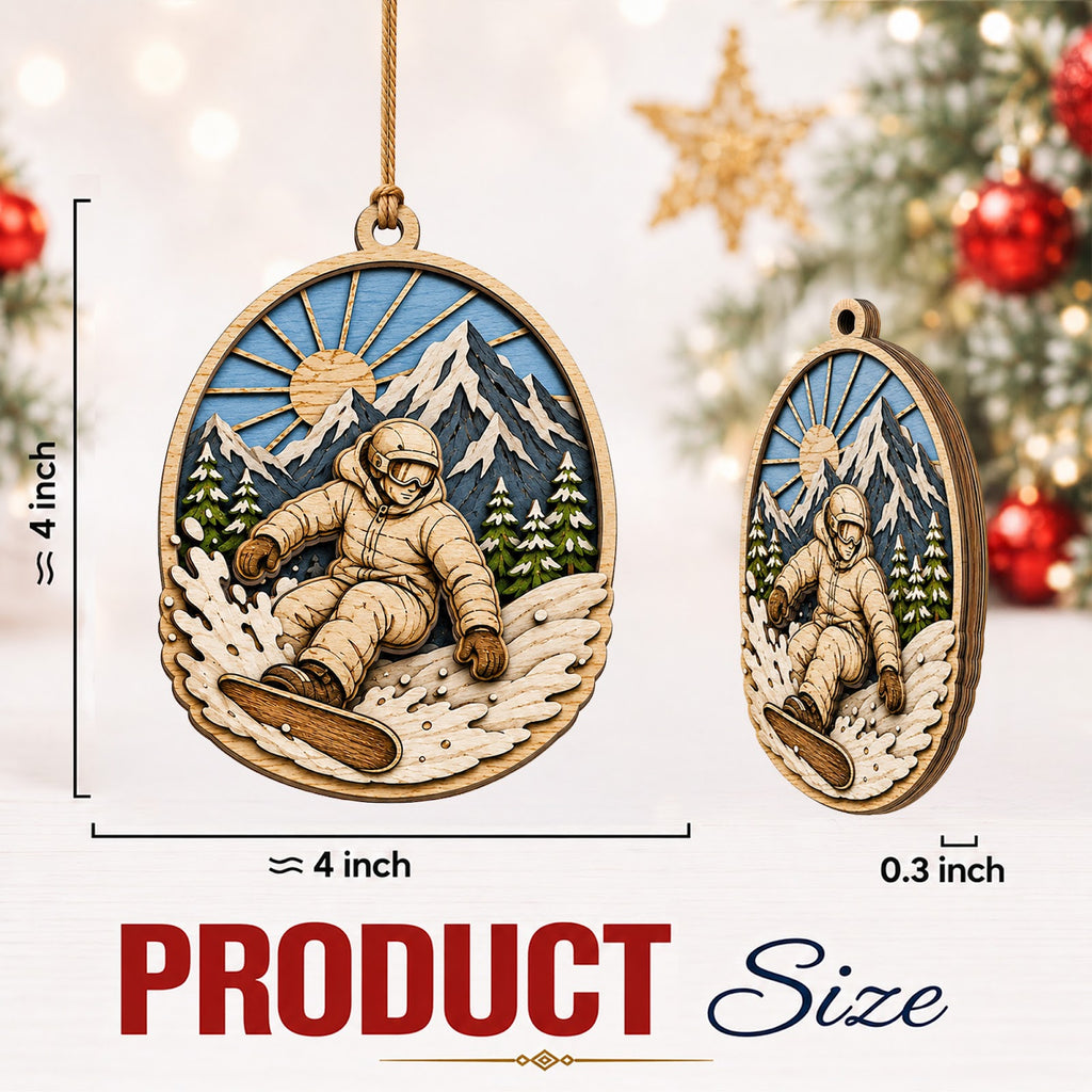 Snowboarder Mountain Wood Christmas Ornament