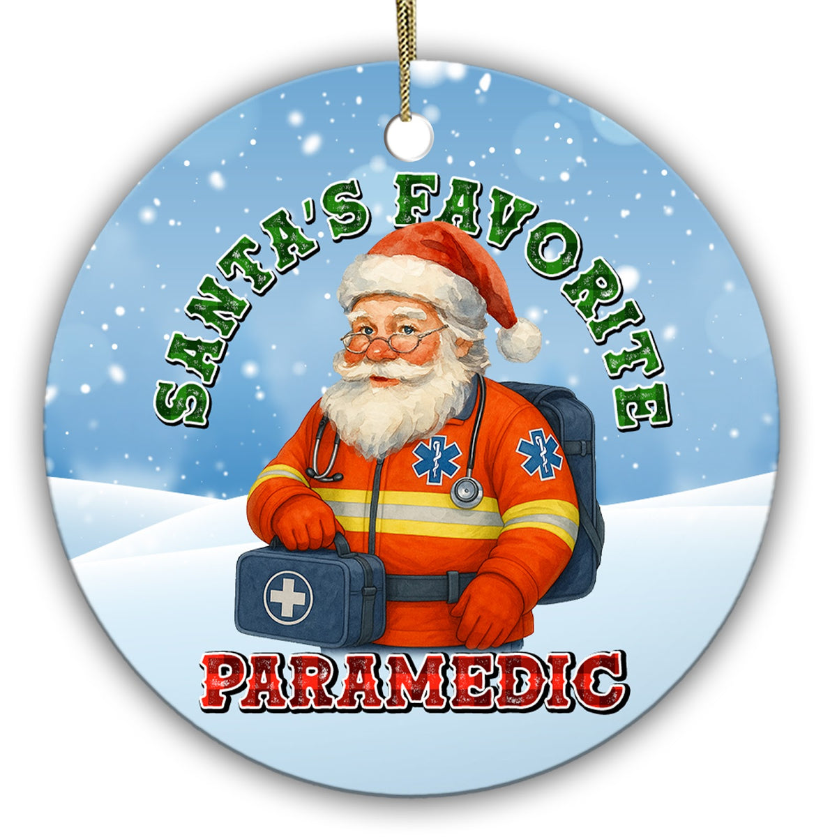 Santa in a High-Visibility EMS Uniform With a Stethoscope and Medical Bag. Ceramic Keepsake for Ambulance Crews.